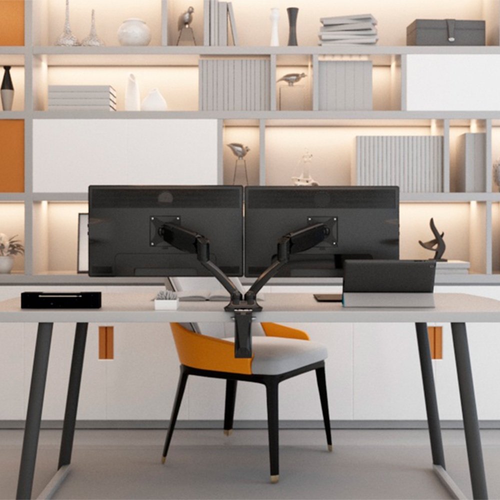 Imagem 12 de 13 do produto Suporte de Mesa Articulado para 2 Monitores de 10"" a 27"" FlexiSpot F7D, Ajustes com Pistão a Gás, VESA, Preto - F7DB