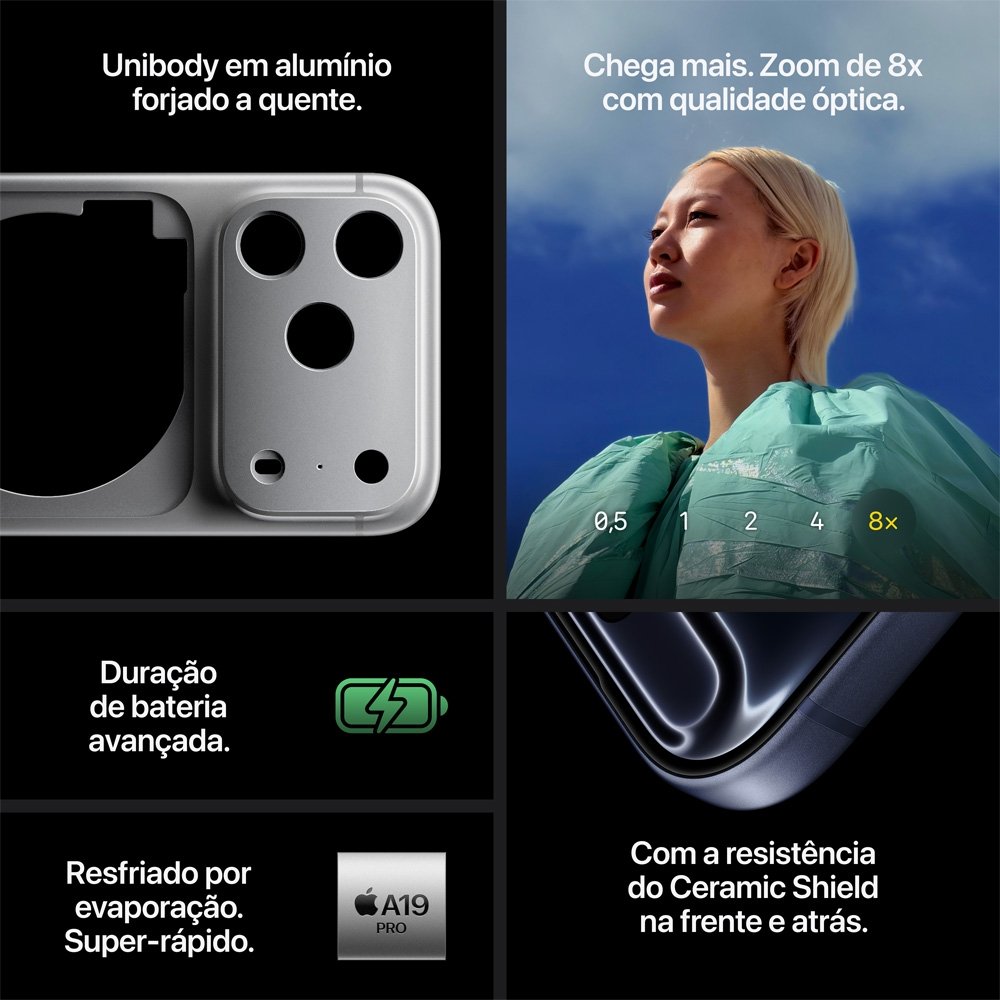 iPhone 17 Pro Max Apple 2TB, Câmera Tripla Fusion de 48MP, Tela 6.9" Super Retina XDR, Prateado