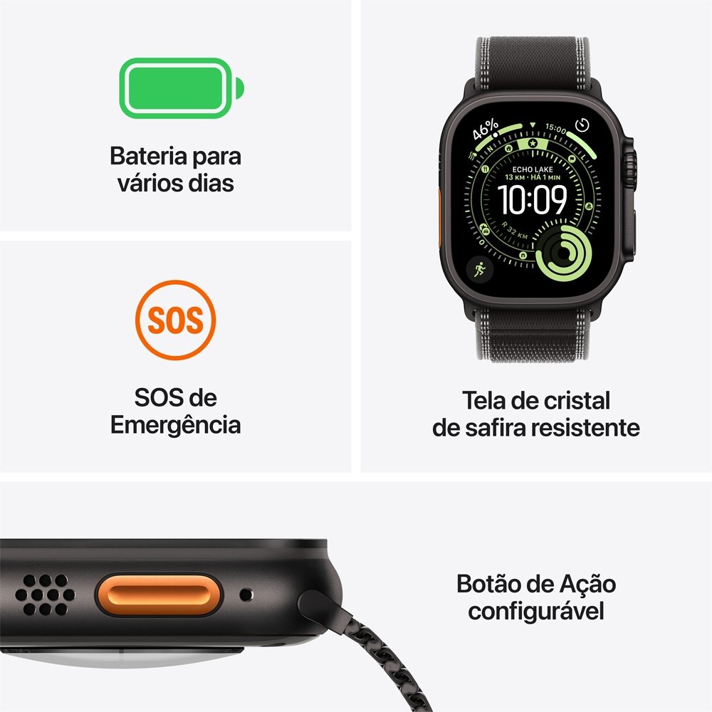 Apple Watch Ultra 3 GPS + Cellular, Caixa Natural de Titânio de 49 mm, Pulseira loop Trail Azul/Azul-Brilhante, M/G - MEWU4BE/A Apple Watch Ultra 3 GPS + Cellular, Caixa Natural de Titânio de 49 mm, Pulseira loop Trail Azul/Azul-Brilhante, M/G - MEWU4BE/A