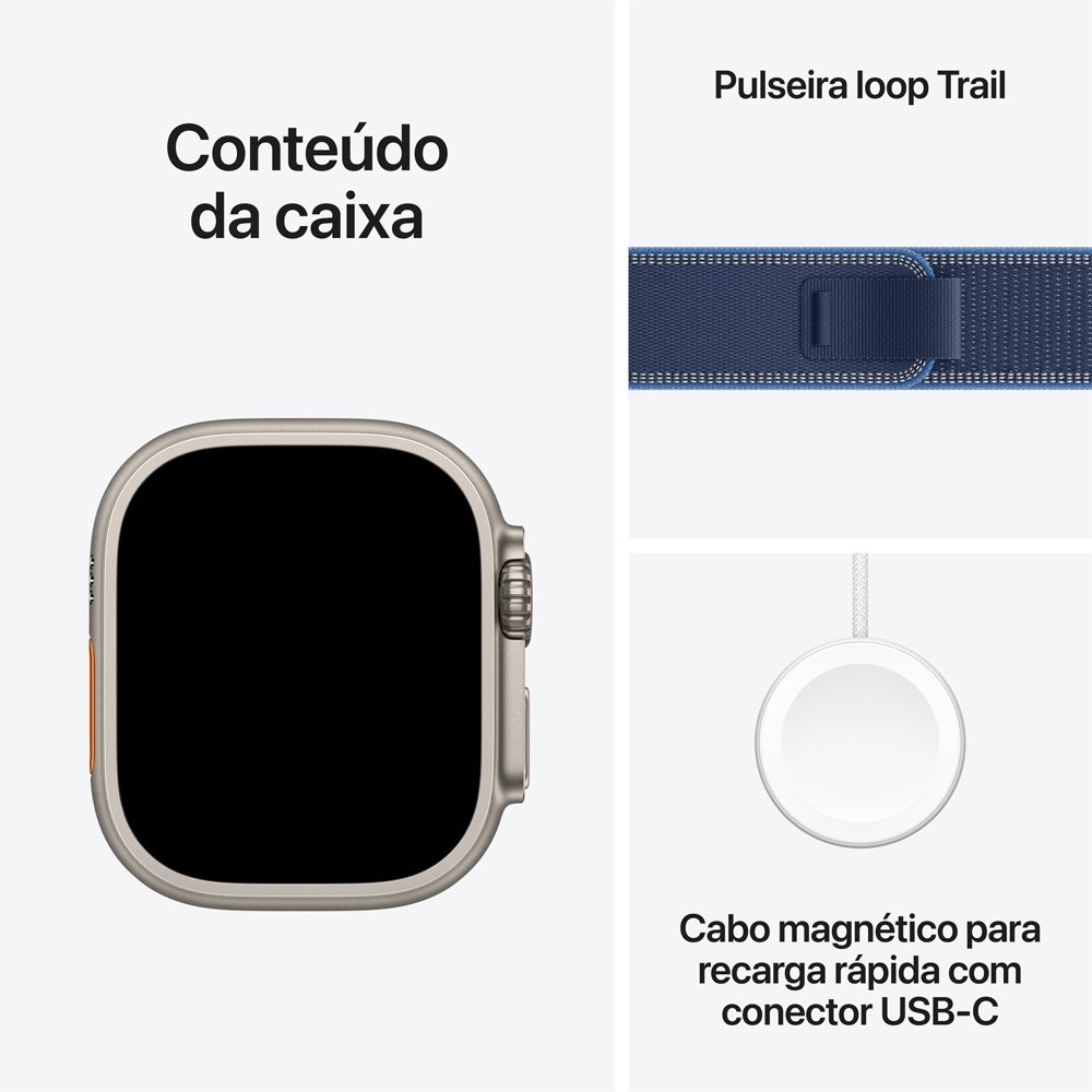Apple Watch Ultra 3 GPS + Cellular, Caixa Natural de Titânio de 49 mm, Pulseira loop Trail Azul/Azul-Brilhante, M/G - MEWU4BE/A Apple Watch Ultra 3 GPS + Cellular, Caixa Natural de Titânio de 49 mm, Pulseira loop Trail Azul/Azul-Brilhante, M/G - MEWU4BE/A