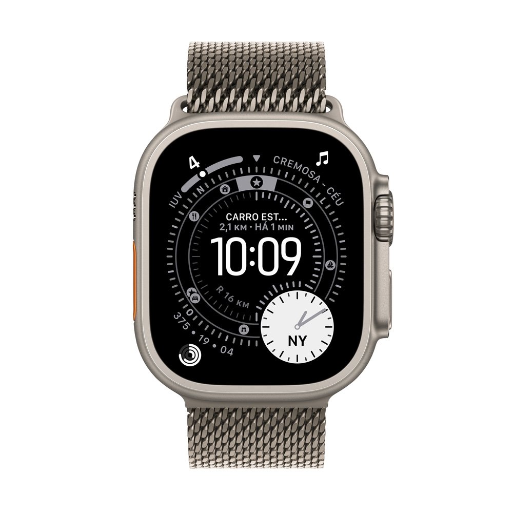 Apple Watch Ultra 3 GPS + Cellular, Caixa Natural de Titânio de 49 mm, Pulseira Natural Estilo Milanês de Titânio, M - MEWY4BE/A Apple Watch Ultra 3 GPS + Cellular, Caixa Natural de Titânio de 49 mm, Pulseira Natural Estilo Milanês de Titânio, M - MEWY4BE/A