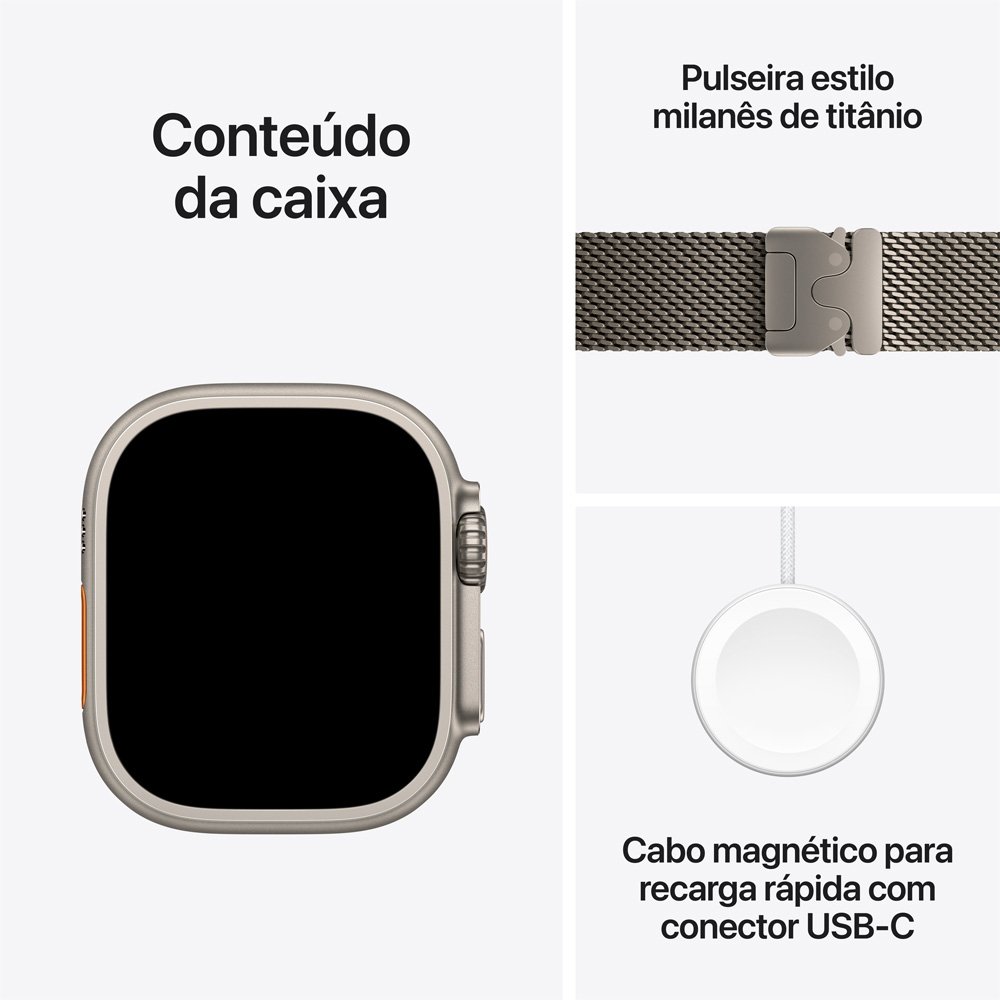 Apple Watch Ultra 3 GPS + Cellular, Caixa Natural de Titânio de 49 mm, Pulseira Natural Estilo Milanês de Titânio, M - MEWY4BE/A Apple Watch Ultra 3 GPS + Cellular, Caixa Natural de Titânio de 49 mm, Pulseira Natural Estilo Milanês de Titânio, M - MEWY4BE/A
