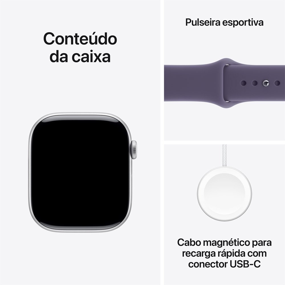Apple Watch Series 11 GPS, Caixa Prateada de Alumínio de 46 mm, Pulseira esportiva roxo-névoa, Tamanho M/G - MEVA4AM/A - view 8