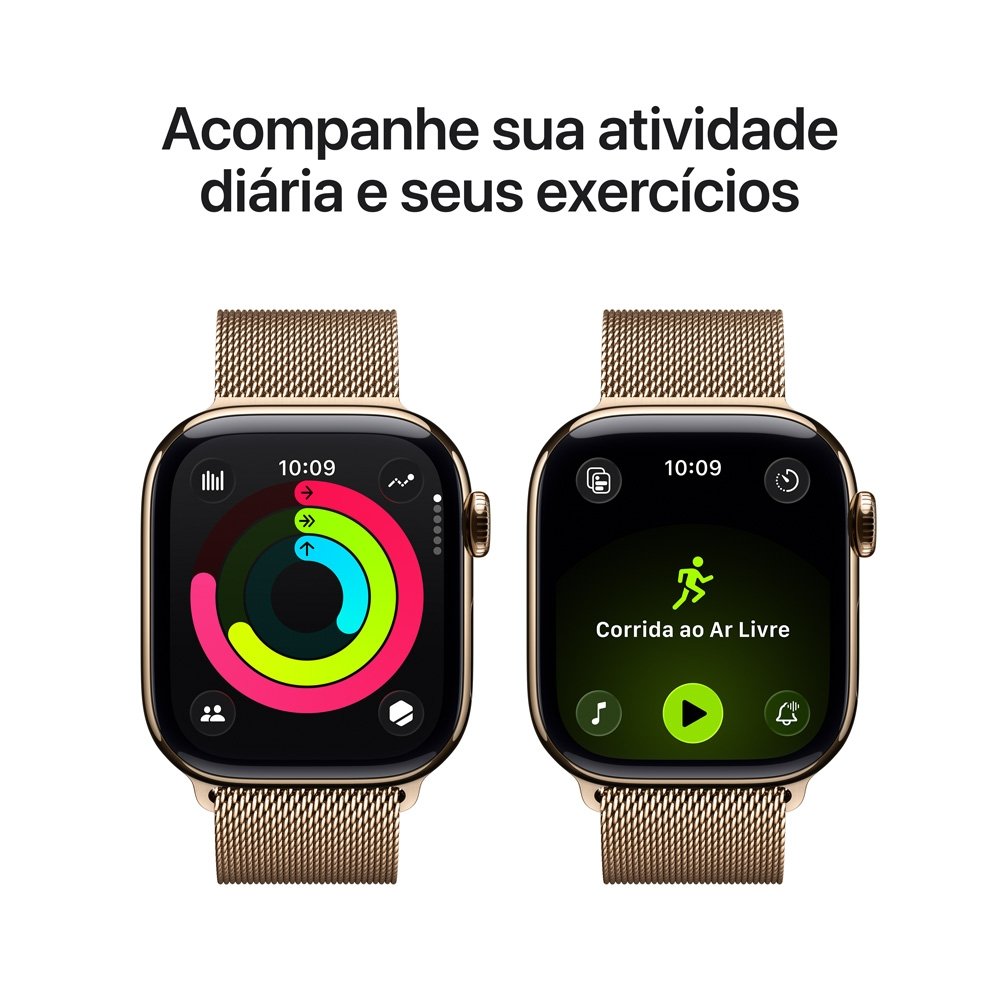 Apple Watch Series 11 GPS + Cellular, Caixa Dourada de Titânio de 42 mm, Pulseira Dourada Estilo Milanês - MF8Y4AM/A Apple Watch Series 11 GPS + Cellular, Caixa Dourada de Titânio de 42 mm, Pulseira Dourada Estilo Milanês - MF8Y4AM/A