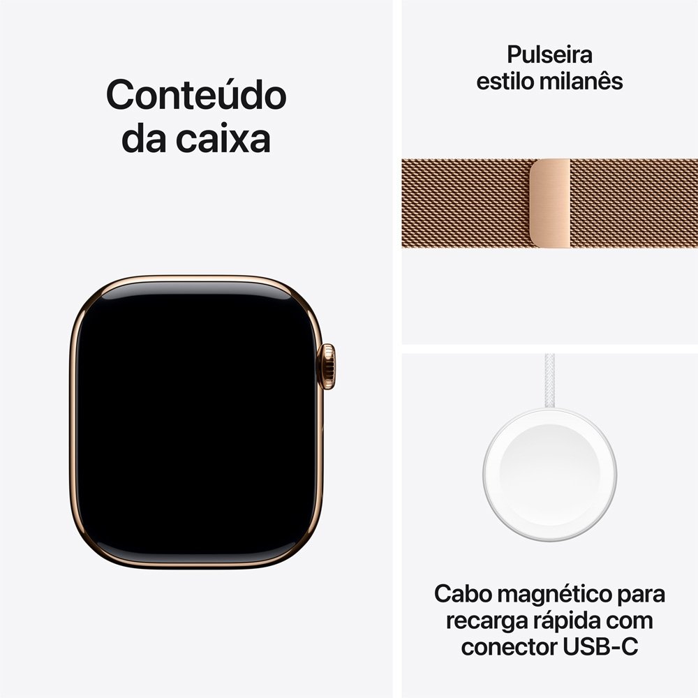 Imagem 8 de 9 do produto Apple Watch Series 11 GPS + Cellular, Caixa dourada de Titânio de 46 mm, Pulseira dourada estilo milanês, Tamanho M/G - MFD84AM/A