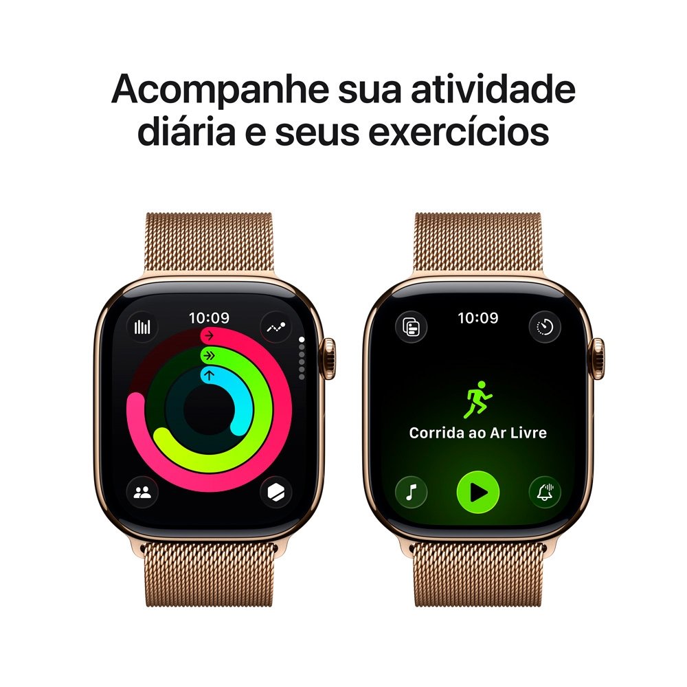 Imagem 6 de 9 do produto Apple Watch Series 11 GPS + Cellular, Caixa dourada de Titânio de 46 mm, Pulseira dourada estilo milanês, Tamanho M/G - MFD84AM/A