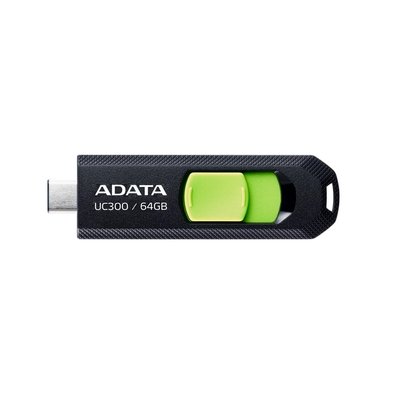 Pen Drive 64GB ADATA UC300, USB 3.2, OTG, Dual Conector, Retrátil, Preto e Verde - ACHO-UC300-64G-RBK/GN