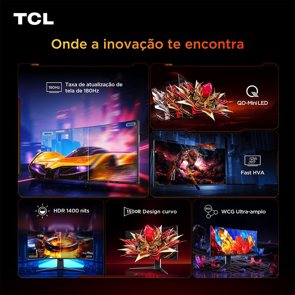 Monitor Gamer Curvo TCL QD Mini LED 34, WQHD, Ultrawide, 180Hz, 1ms, HDR 1400, USB-C, FreeSync Premium, Altura Ajustável, Som Integrado - 34R83Q - view 6