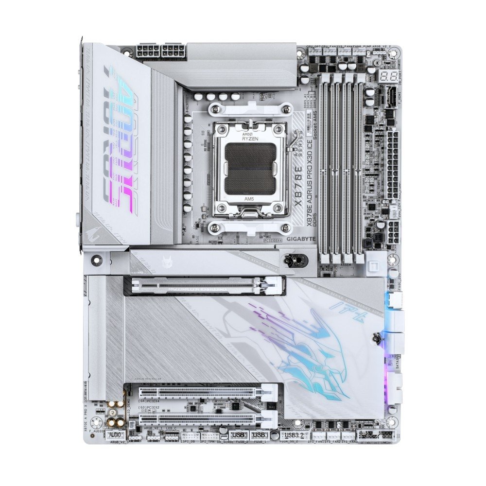 Placa Mãe Gigabyte X870E AORUS PRO X3D ICE, AMD AM5, ATX, DDR5, PCIe 5.0, Wi-Fi 7, Bluetooth, Branco - X870E A PRO X ICE 6