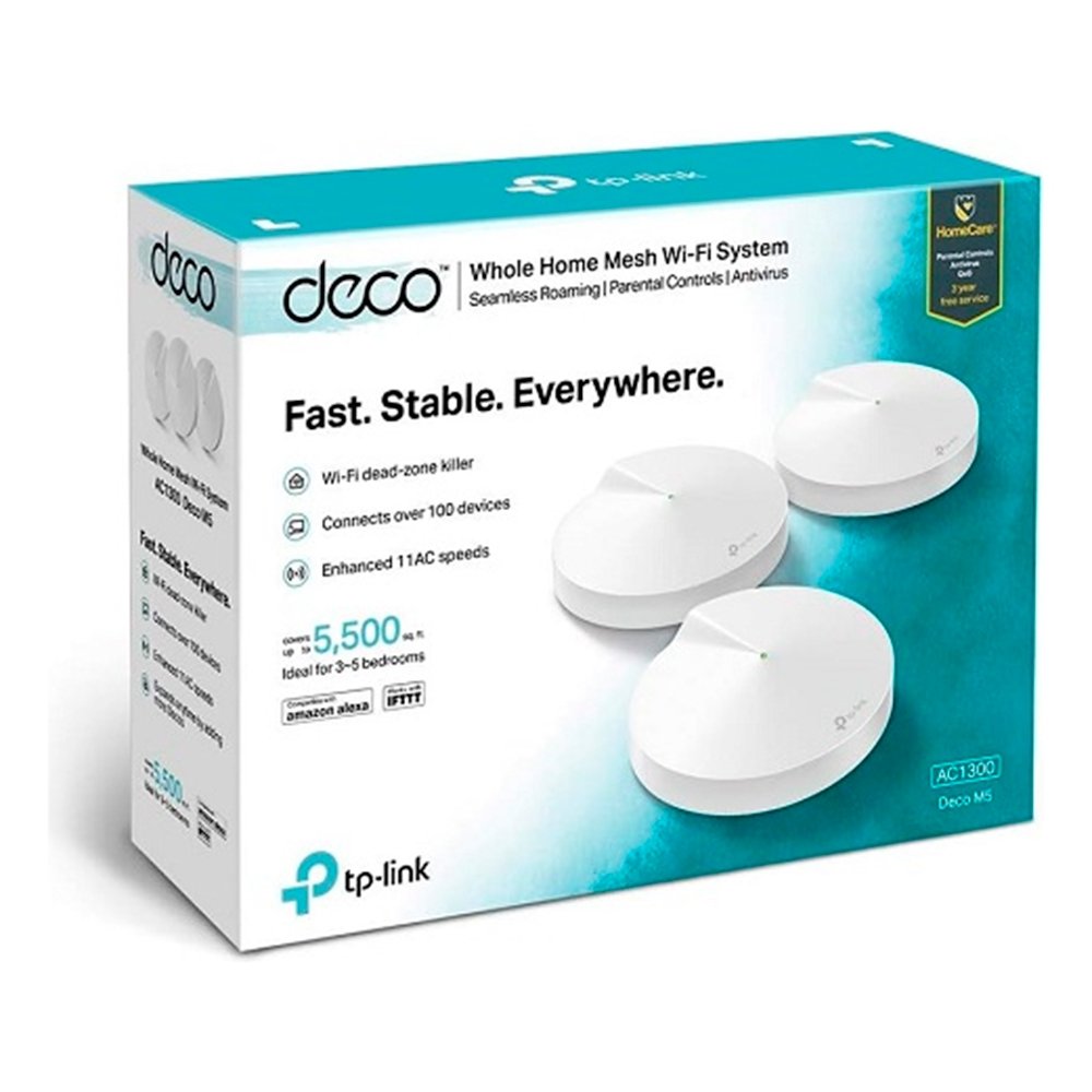 Roteador TP-Link Deco M5, Gigabit Ethernet, AC1300, 10/100/1000MBbs, Dual Band 2.4/5GHz, 4 Antenas, Branco - 3 Unidades Roteador TP-Link Deco M5, Gigabit Ethernet, AC1300, 10/100/1000MBbs, Dual Band 2.4/5GHz, 4 Antenas, Branco - 3 Unidades