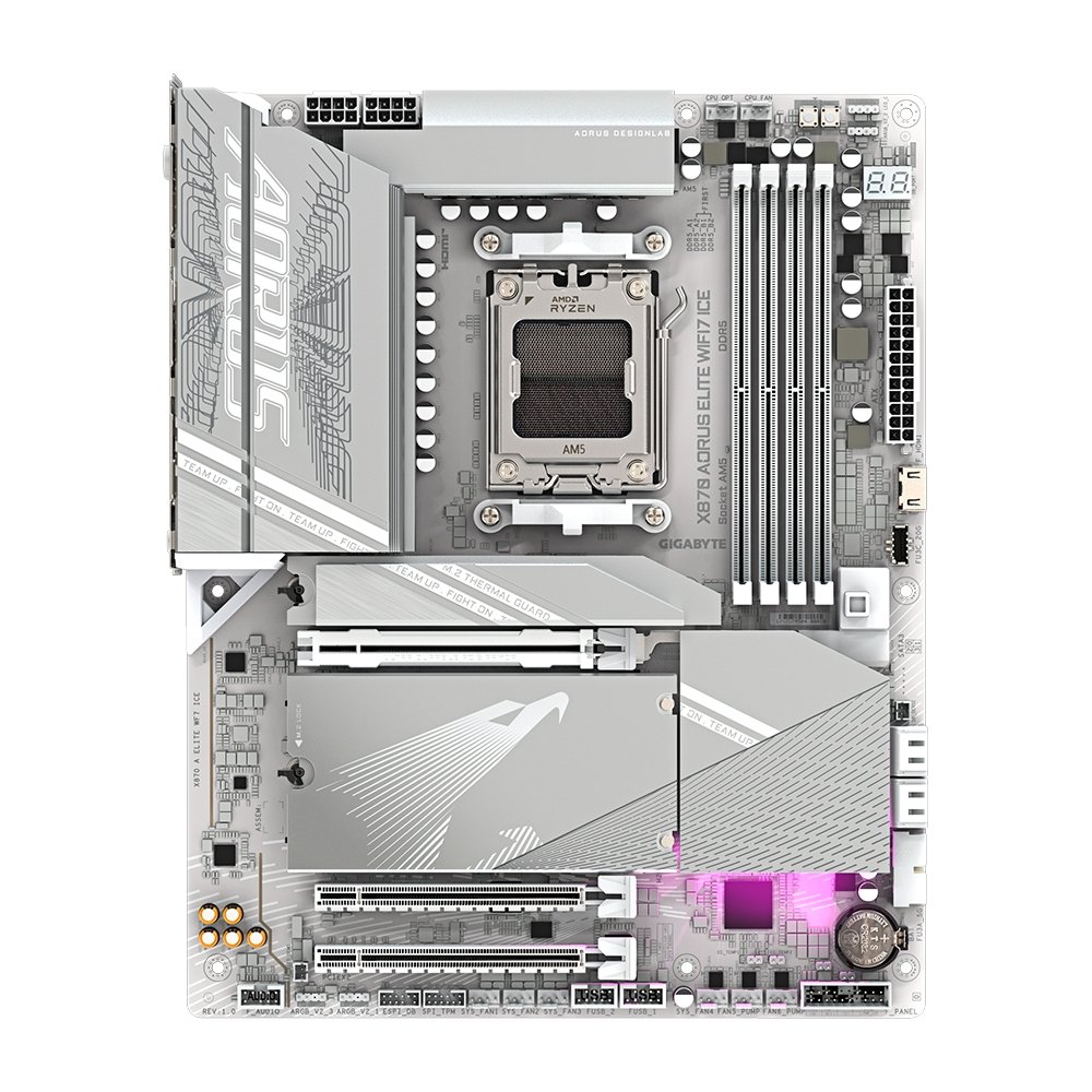 Placa-Mãe Gigabyte X870 AORUS ELITE WF7 ICE, AM5, ATX, DDR5, PCIe 5.0, RGB, Wi-Fi 7, Bluetooth, Branco - X870 A ELITE WF7 ICE Placa-Mãe Gigabyte X870 AORUS ELITE WF7 ICE, AM5, ATX, DDR5, PCIe 5.0, RGB, Wi-Fi 7, Bluetooth, Branco - X870 A ELITE WF7 ICE
