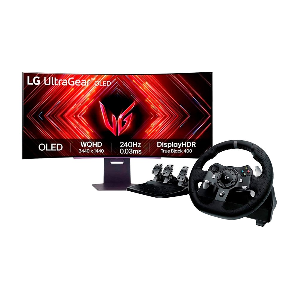 "Monitor Gamer Curvo LG UltraGear OLED 45"" + Volante Logitech G920"