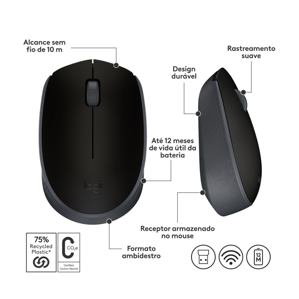 Mouse sem fio Logitech M170 com Design Ambidestro Compacto, Conexão USB e Pilha Inclusa, Preto - 910-004940 - view 9