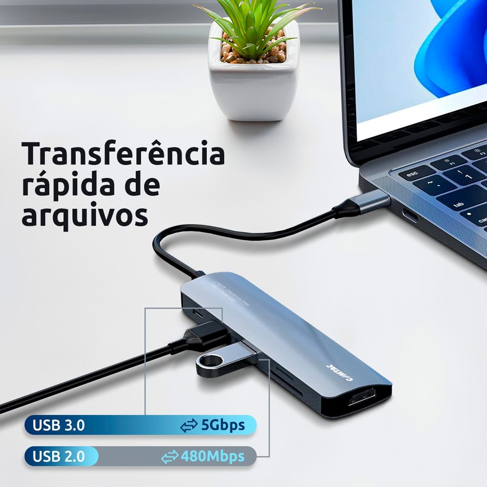 HUB Docking Comtac USB-C, 6 em 1, HDMI 2.0, USB-A 3.2, USB-A 2.0, USB-C PD 85W, Cartão MicroSD/SD, Alumínio - ( Balão.info - foto 3