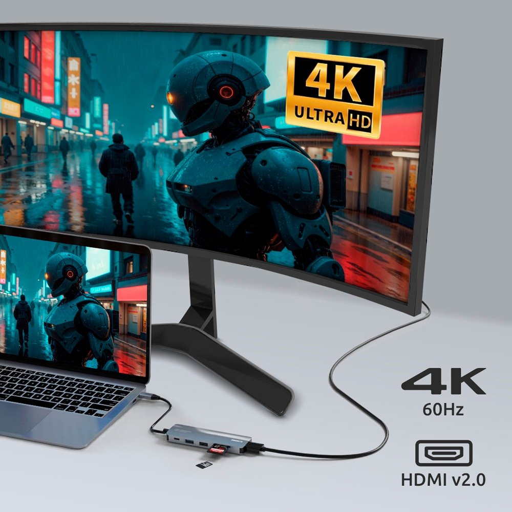 HUB Docking Comtac USB-C, 6 em 1, HDMI 2.0, USB-A 3.2, USB-A 2.0, USB-C PD 85W, Cartão MicroSD/SD, Alumínio - ( Balão.info - foto 5