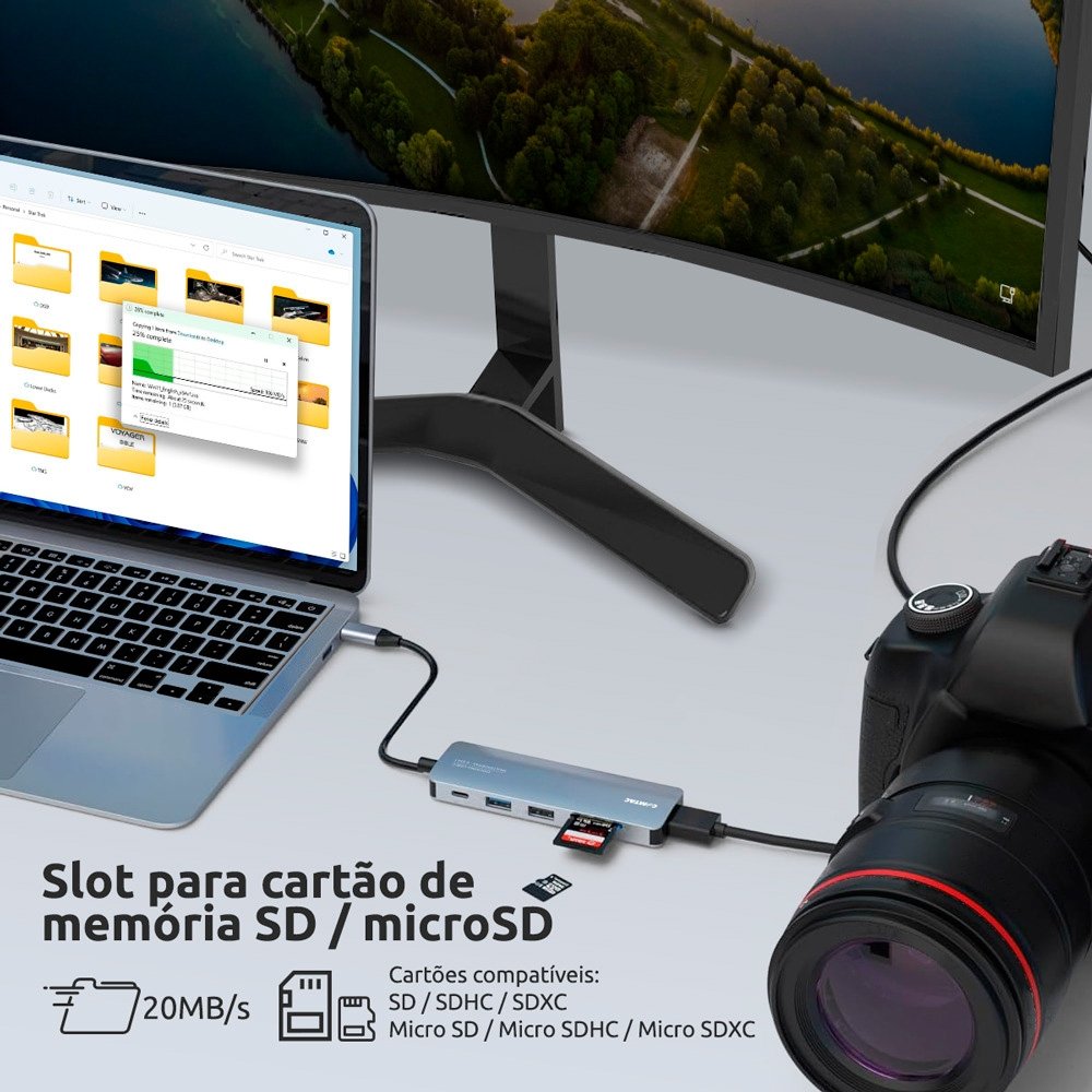 HUB Docking Comtac USB-C, 6 em 1, HDMI 2.0, USB-A 3.2, USB-A 2.0, USB-C PD 85W, Cartão MicroSD/SD, Alumínio - 20119413 - view 6