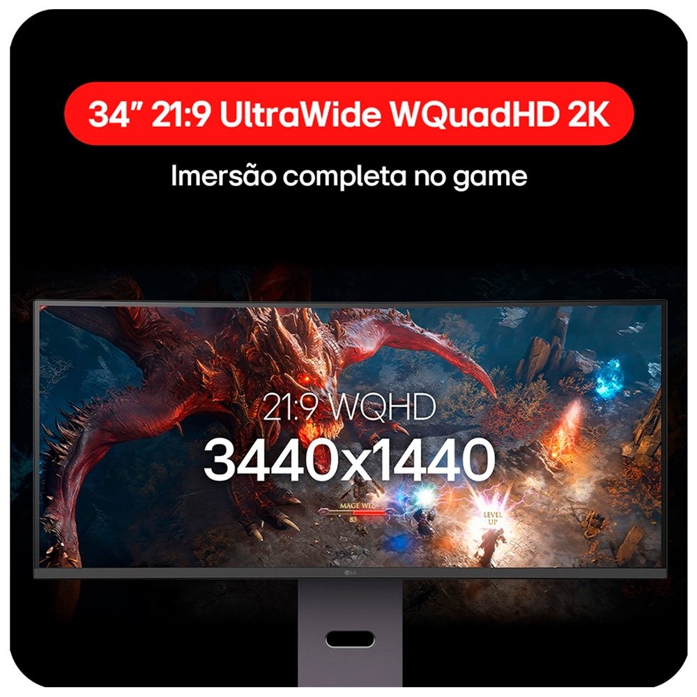 Imagem 5 de 12 do produto Monitor Gamer Curvo LG UltraGear 34, QHD, UltraWide, 160Hz, 1ms, FreeSync Premium, HDR10, Altura Ajustável, Som Integrado - 34G600A-B
