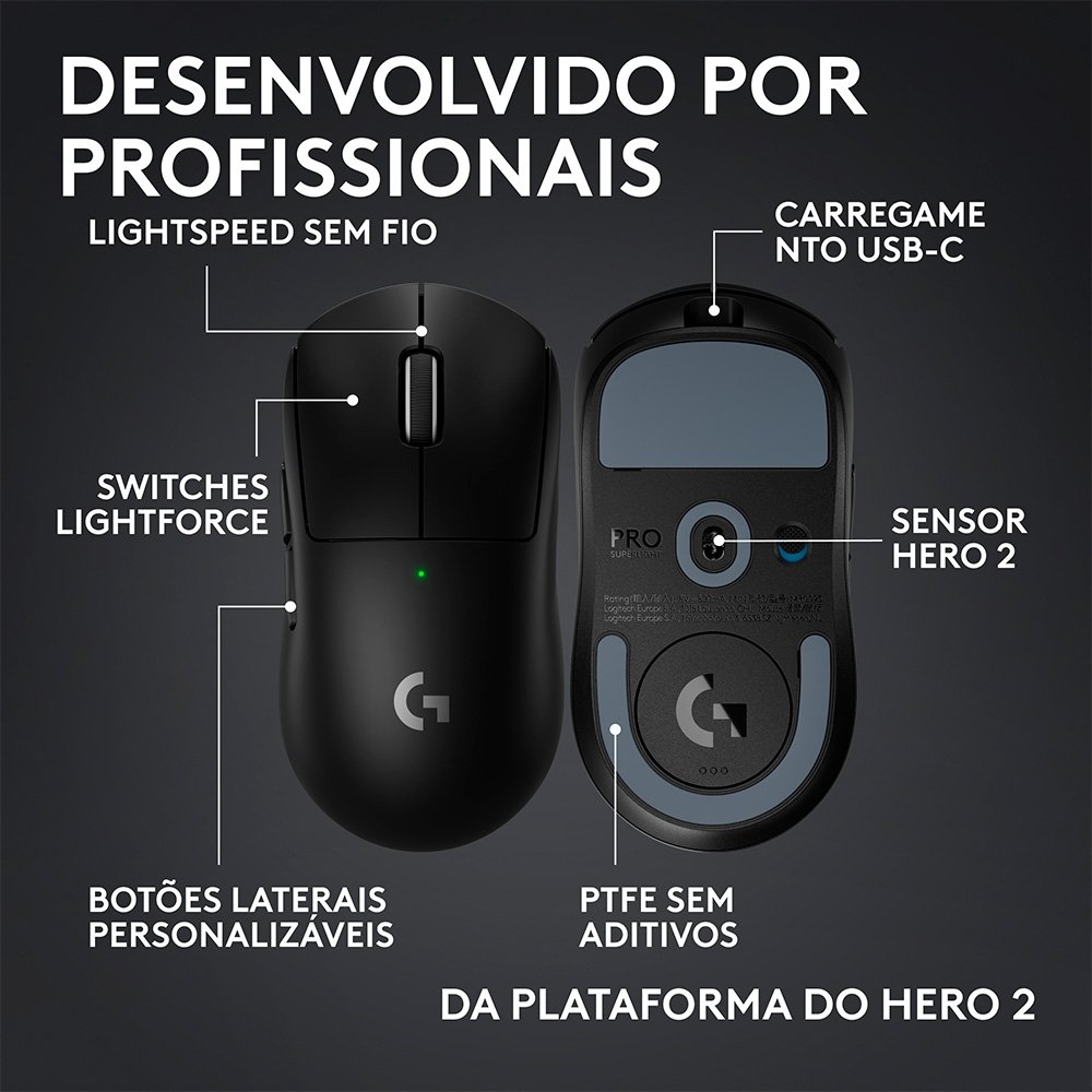 Mouse Gamer Sem Fio Logitech G PRO X SUPERLIGHT 2c, 5 botões, 44000 DPI, Atualização de até 8 kHz, PC e Mac, Preto - 910-007530 - view 6
