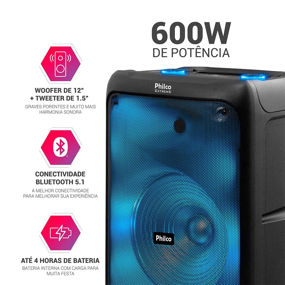 Caixa de Som Acústica Philco PCX5200, Bluetooth, Função TWS, Entrada para Microfone, Preto - 56603796 - view 19