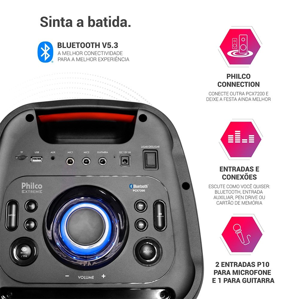 Caixa de Som Acústica Philco PCX7200, Bluetooth, Potente para Festas, Luzes Flash, Preto - 56603799 - view 4