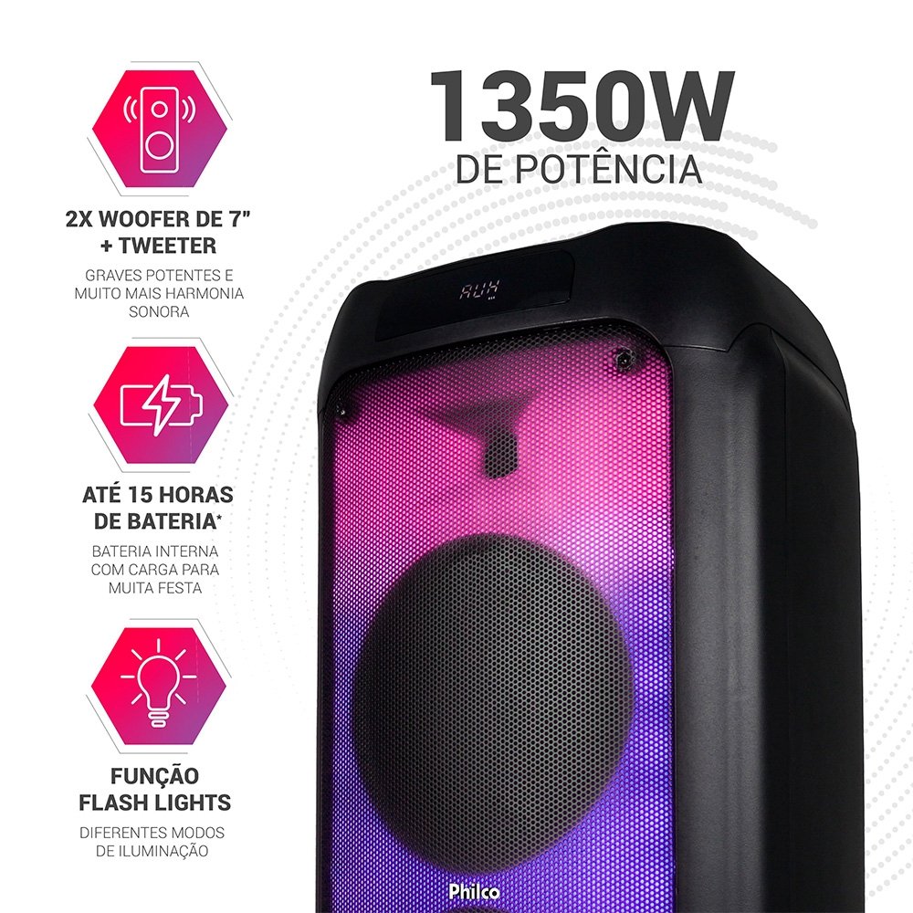 Caixa de Som Acústica Philco PCX7200, Bluetooth, Potente para Festas, Luzes Flash, Preto - 56603799 - view 5
