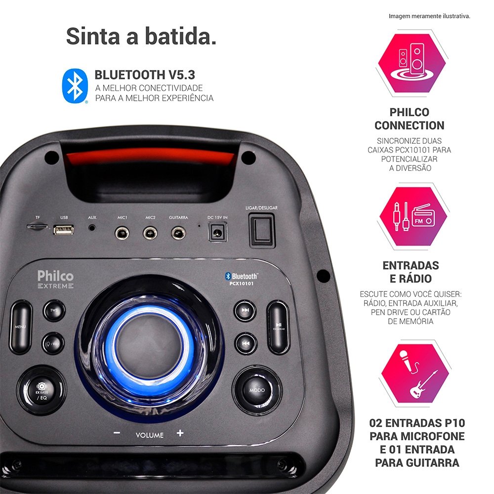Caixa de Som Acústica Philco PCX10101, 2000W RMS, Bateria Interna (até 20h), Bluetooth e TWS, Preto - 56603810 - view 5