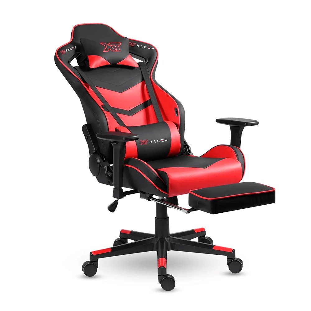 Imagem 4 de 16 do produto Cadeira Gamer XT Racer Taycan, Até 130Kg, Apoio de Pés, Retrátil, Braço 3D, Cilindro de Gás Classe 4, Couro PU, Preta e Vermelha - XTR-047
