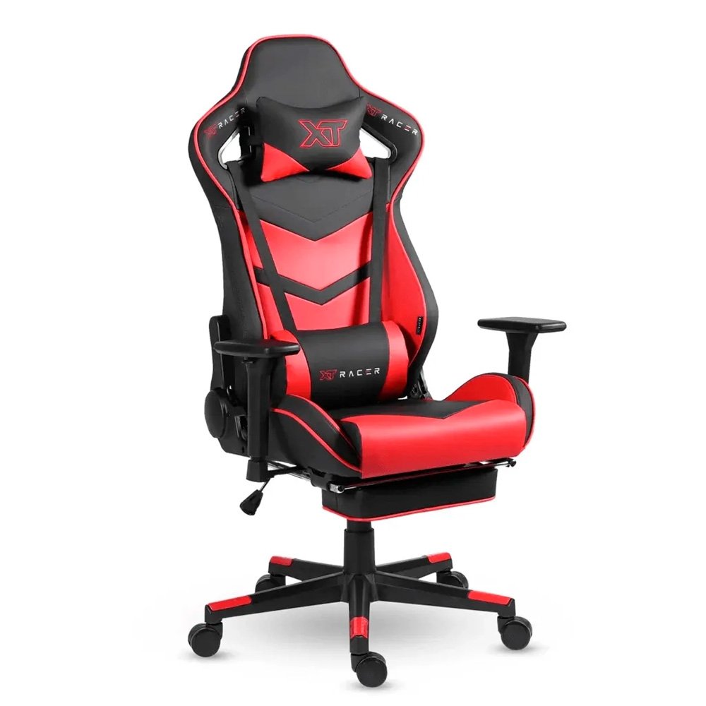 Imagem 3 de 16 do produto Cadeira Gamer XT Racer Taycan, Até 130Kg, Apoio de Pés, Retrátil, Braço 3D, Cilindro de Gás Classe 4, Couro PU, Preta e Vermelha - XTR-047