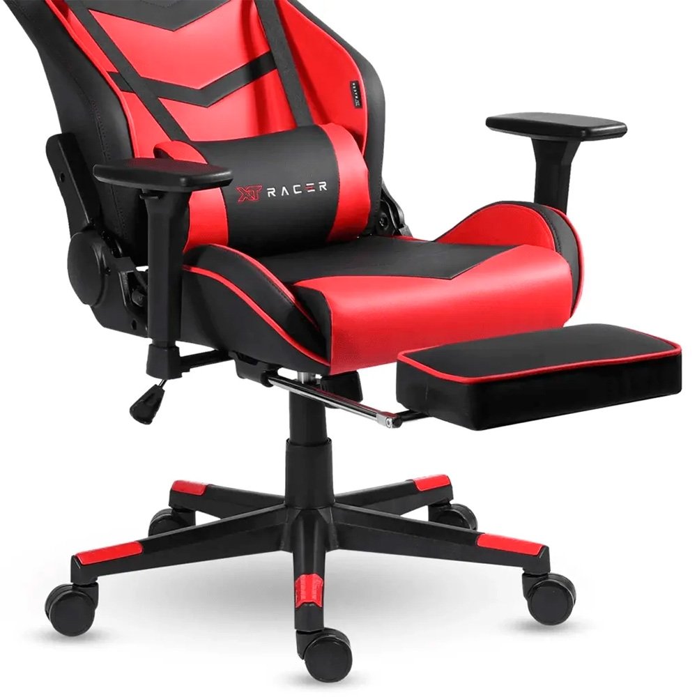 Imagem 11 de 16 do produto Cadeira Gamer XT Racer Taycan, Até 130Kg, Apoio de Pés, Retrátil, Braço 3D, Cilindro de Gás Classe 4, Couro PU, Preta e Vermelha - XTR-047