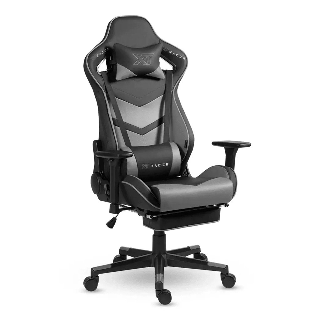 Imagem 2 de 17 do produto Cadeira Gamer XT Racer Taycan, Até 130Kg, Apoio de Pés, Retrátil, Braço 3D, Cilindro de Gás Classe 4, Couro PU, Preta e Cinza - XTR-048