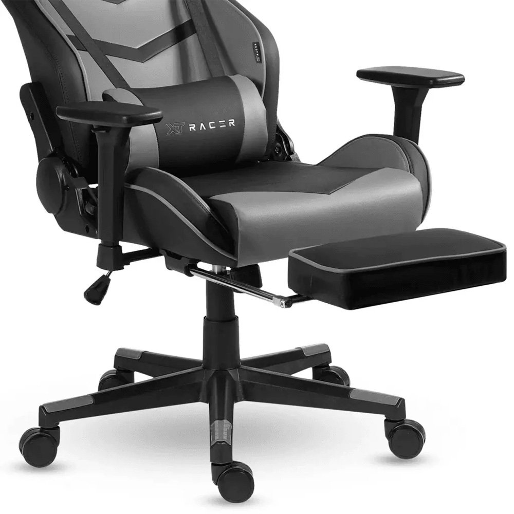 Imagem 13 de 17 do produto Cadeira Gamer XT Racer Taycan, Até 130Kg, Apoio de Pés, Retrátil, Braço 3D, Cilindro de Gás Classe 4, Couro PU, Preta e Cinza - XTR-048