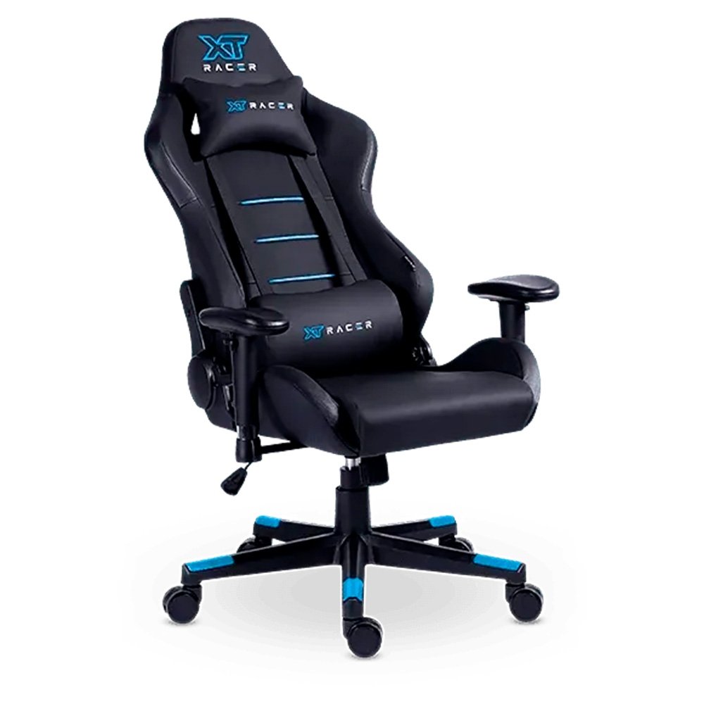 Imagem 8 de 15 do produto Cadeira Gamer XT Racer Attack, Até 120Kg, Reclinável, Com Almofadas, Cilindro de Gás Classe 4, Couro PU, Preta e Azul - XTR-053