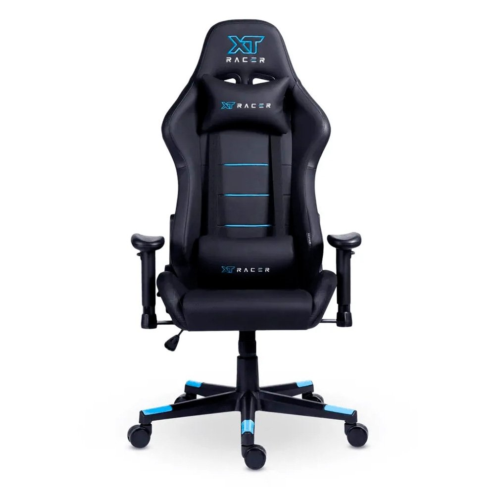 Cadeira Gamer XT Racer Attack, Até 120Kg, Reclinável, Com Almofadas, Cilindro de Gás Classe 4, Couro PU, Preta e Azul - XTR-053