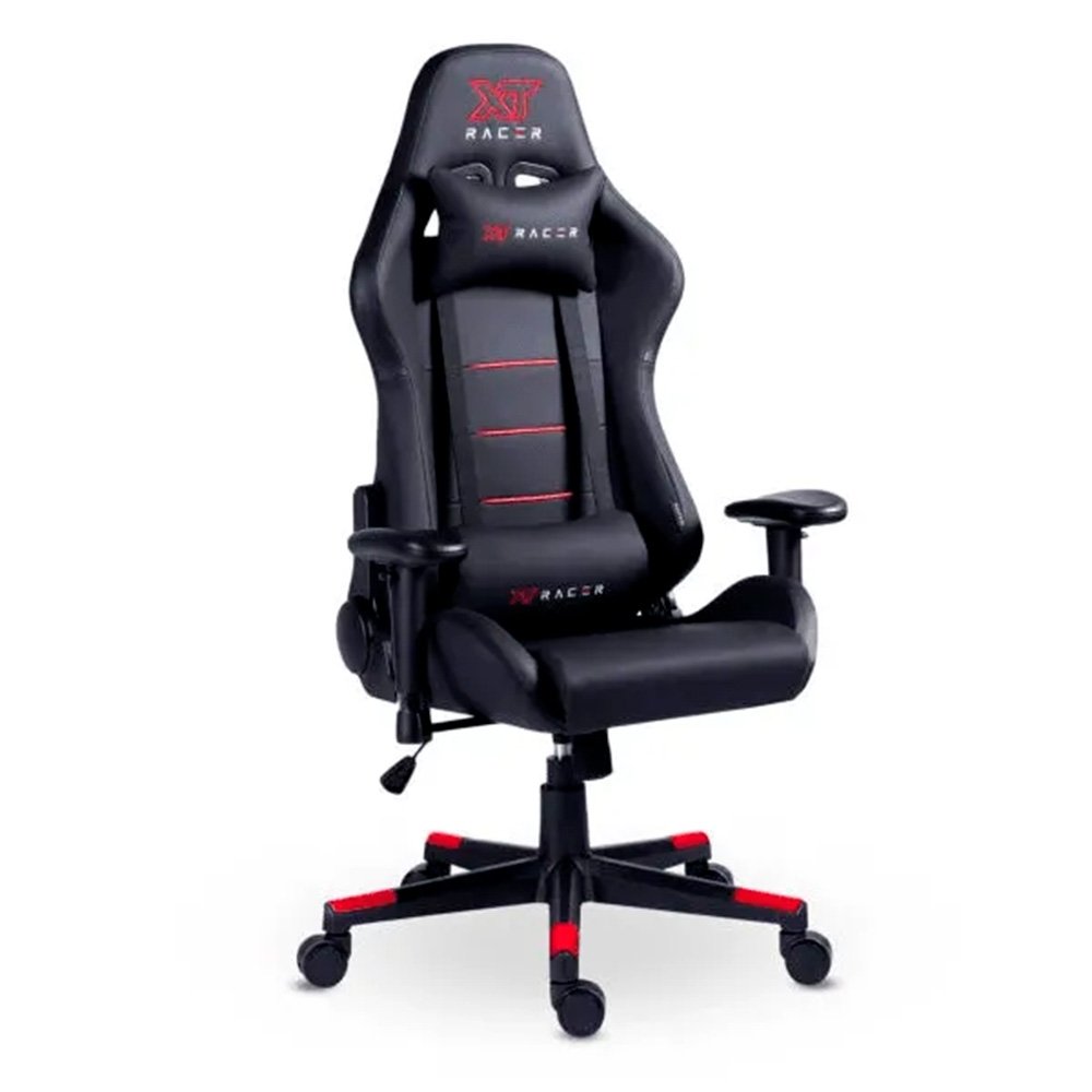 Imagem 2 de 16 do produto Cadeira Gamer XT Racer Attack, Até 120Kg, Reclinável, Com Almofadas, Cilindro de Gás Classe 4, Couro PU, Preta e Vermelha - XTR-056
