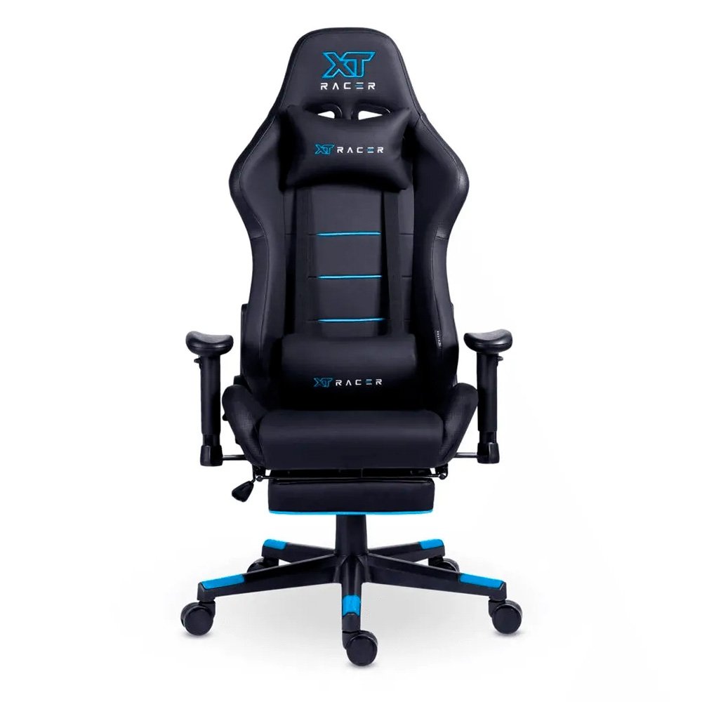 Cadeira Gamer XT Racer Attack, Até 120Kg, Reclinável, Apoio de Pés Retrátil, Cilindro de Gás Classe 4, Couro PU, Preta e Azul - XTR-058