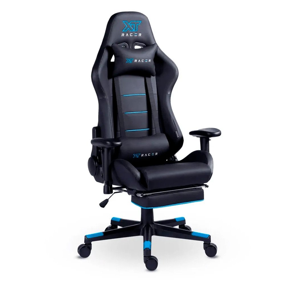 Cadeira Gamer XT Racer Attack, Até 120Kg, Reclinável, Apoio de Pés Retrátil, Cilindro de Gás Classe 4, Couro PU, Preta e Azul - XTR-058