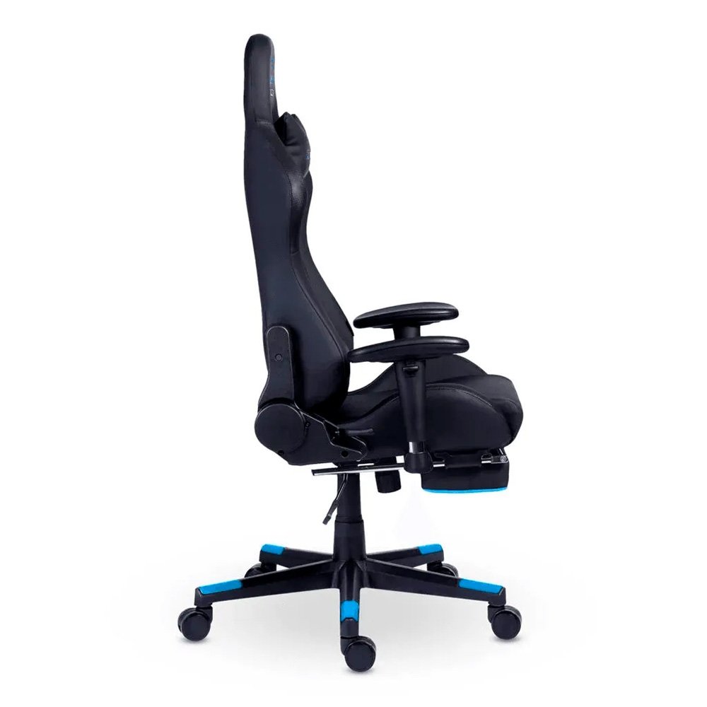 Cadeira Gamer XT Racer Attack, Até 120Kg, Reclinável, Apoio de Pés Retrátil, Cilindro de Gás Classe 4, Couro PU, Preta e Azul - XTR-058