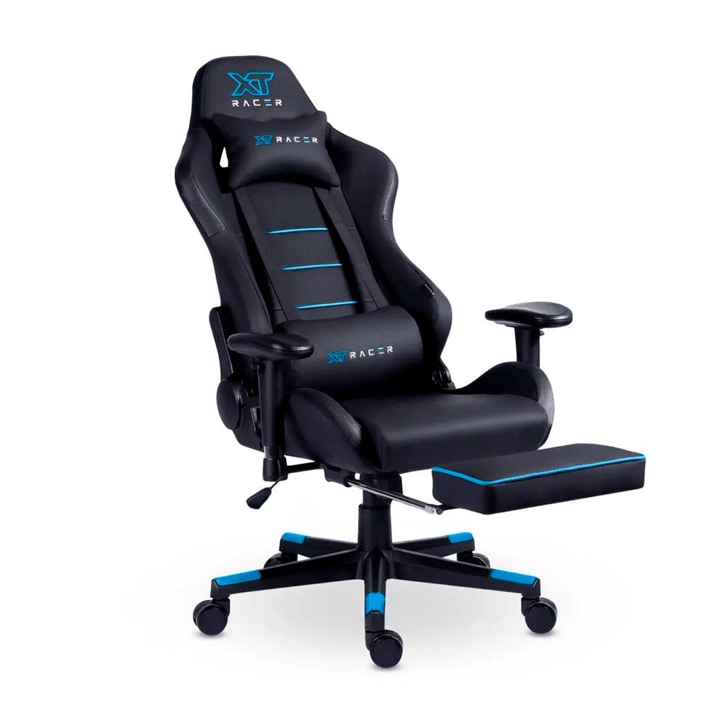 Cadeira Gamer XT Racer Attack, Até 120Kg, Reclinável, Apoio de Pés Retrátil, Cilindro de Gás Classe 4, Couro PU, Preta e Azul - XTR-058