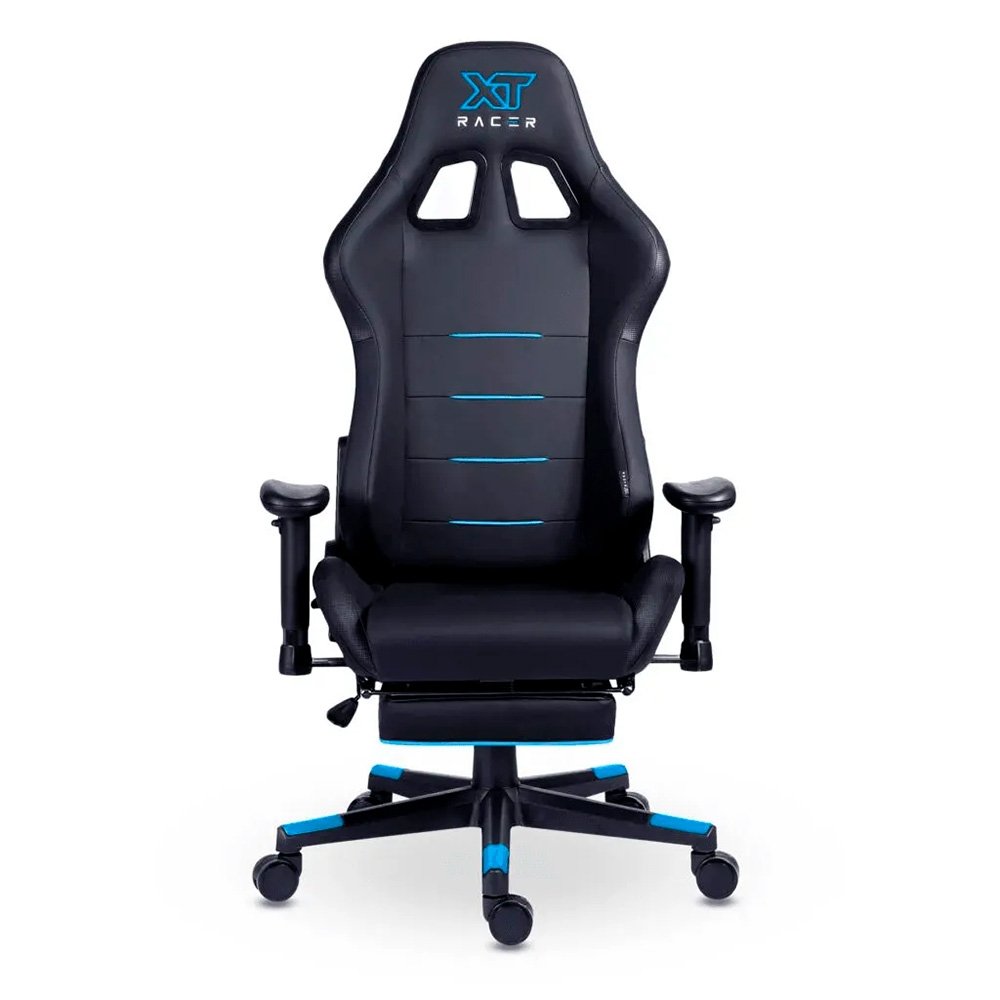 Cadeira Gamer XT Racer Attack, Até 120Kg, Reclinável, Apoio de Pés Retrátil, Cilindro de Gás Classe 4, Couro PU, Preta e Azul - XTR-058