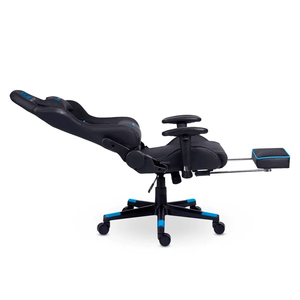 Cadeira Gamer XT Racer Attack, Até 120Kg, Reclinável, Apoio de Pés Retrátil, Cilindro de Gás Classe 4, Couro PU, Preta e Azul - XTR-058