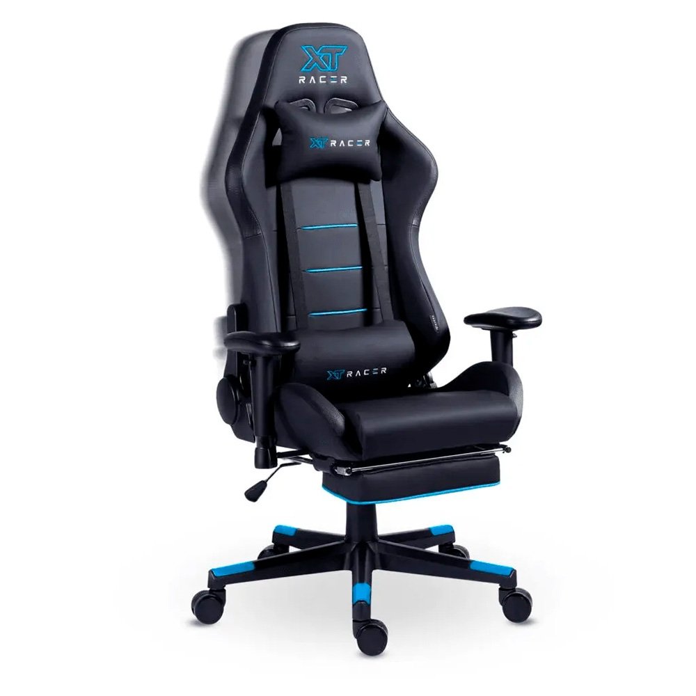 Imagem 9 de 15 do produto Cadeira Gamer XT Racer Attack, Até 120Kg, Reclinável, Apoio de Pés Retrátil, Cilindro de Gás Classe 4, Couro PU, Preta e Azul - XTR-058