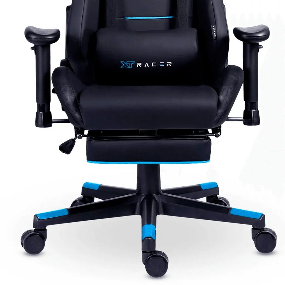 Imagem 10 de 15 do produto Cadeira Gamer XT Racer Attack, Até 120Kg, Reclinável, Apoio de Pés Retrátil, Cilindro de Gás Classe 4, Couro PU, Preta e Azul - XTR-058