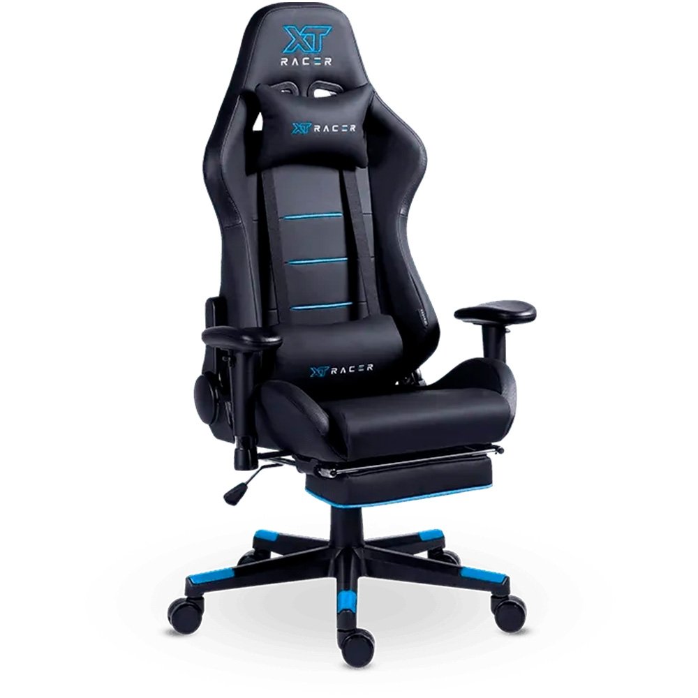 Imagem 12 de 15 do produto Cadeira Gamer XT Racer Attack, Até 120Kg, Reclinável, Apoio de Pés Retrátil, Cilindro de Gás Classe 4, Couro PU, Preta e Azul - XTR-058