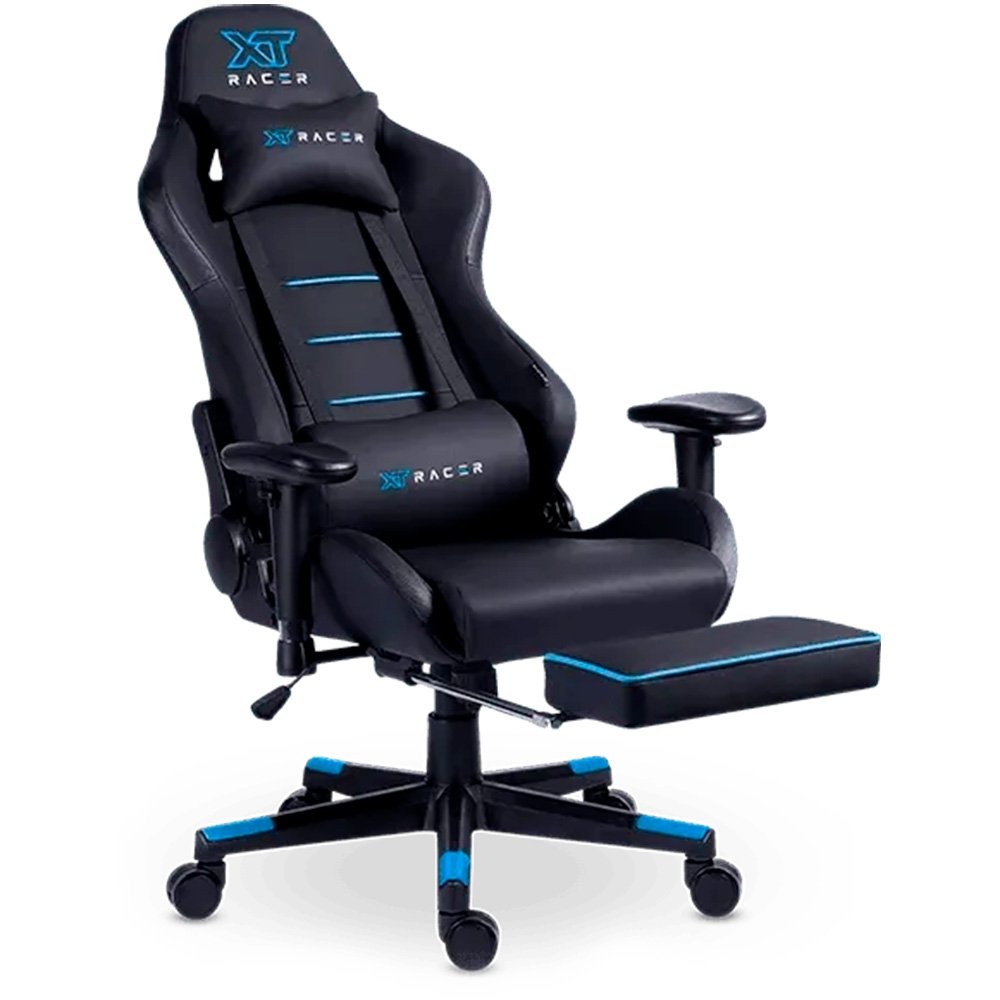 Imagem 13 de 15 do produto Cadeira Gamer XT Racer Attack, Até 120Kg, Reclinável, Apoio de Pés Retrátil, Cilindro de Gás Classe 4, Couro PU, Preta e Azul - XTR-058