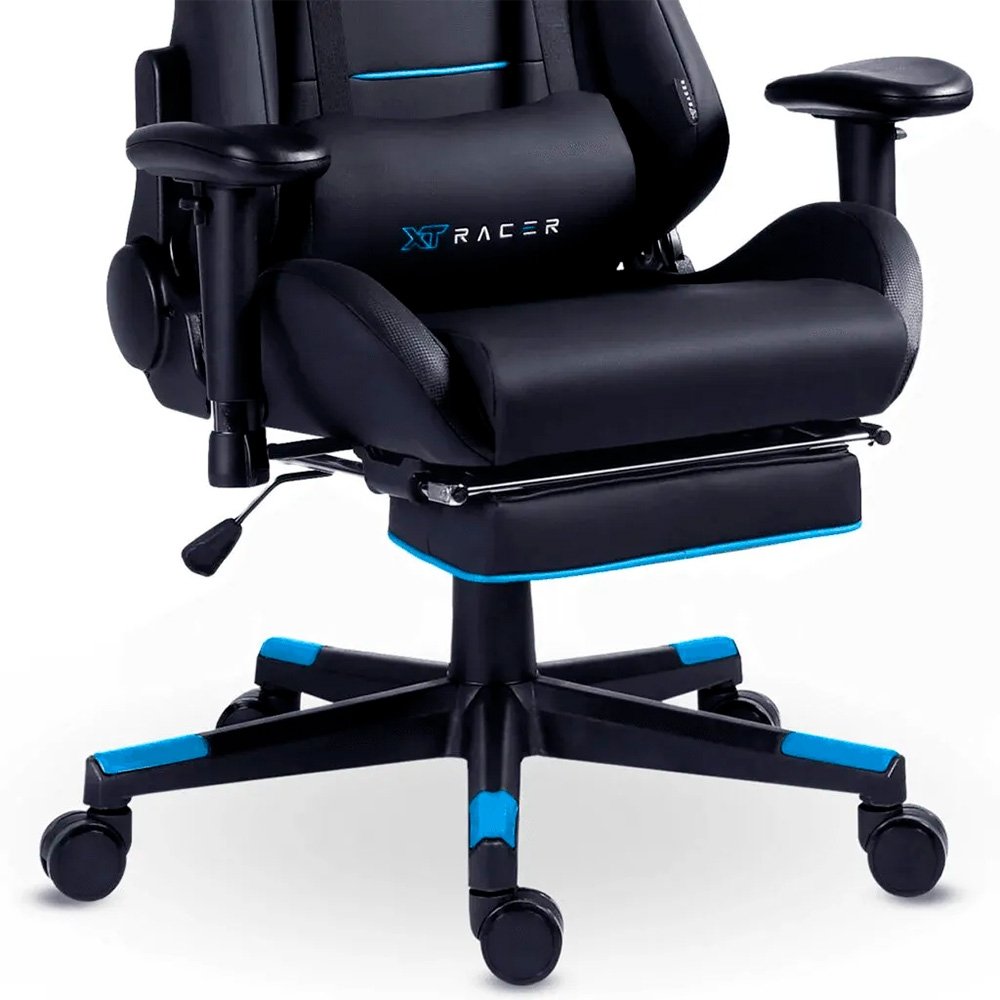 Imagem 14 de 15 do produto Cadeira Gamer XT Racer Attack, Até 120Kg, Reclinável, Apoio de Pés Retrátil, Cilindro de Gás Classe 4, Couro PU, Preta e Azul - XTR-058