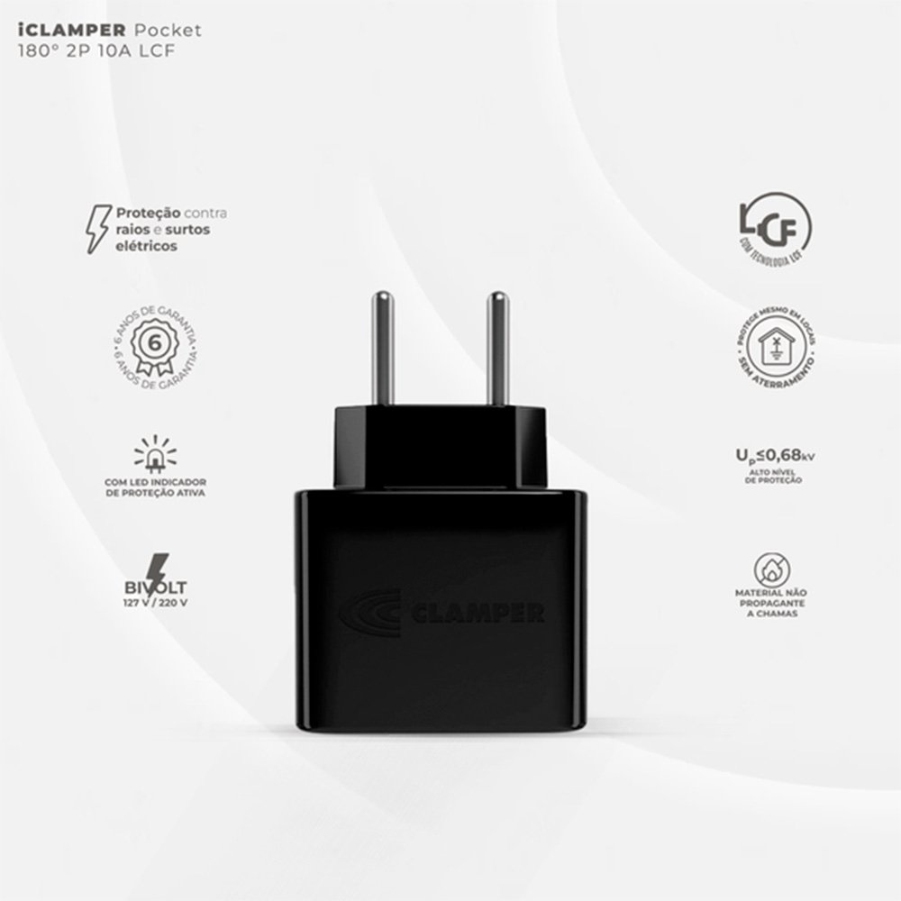 Protetor Contra Surtos Elétricos (DPS), 127/220V, 10 Amperes, 1 Tomada, 2 pinos, iCLAMPER Pocket LCF, 2P 10A, Preto - ( Balão.info - foto 3