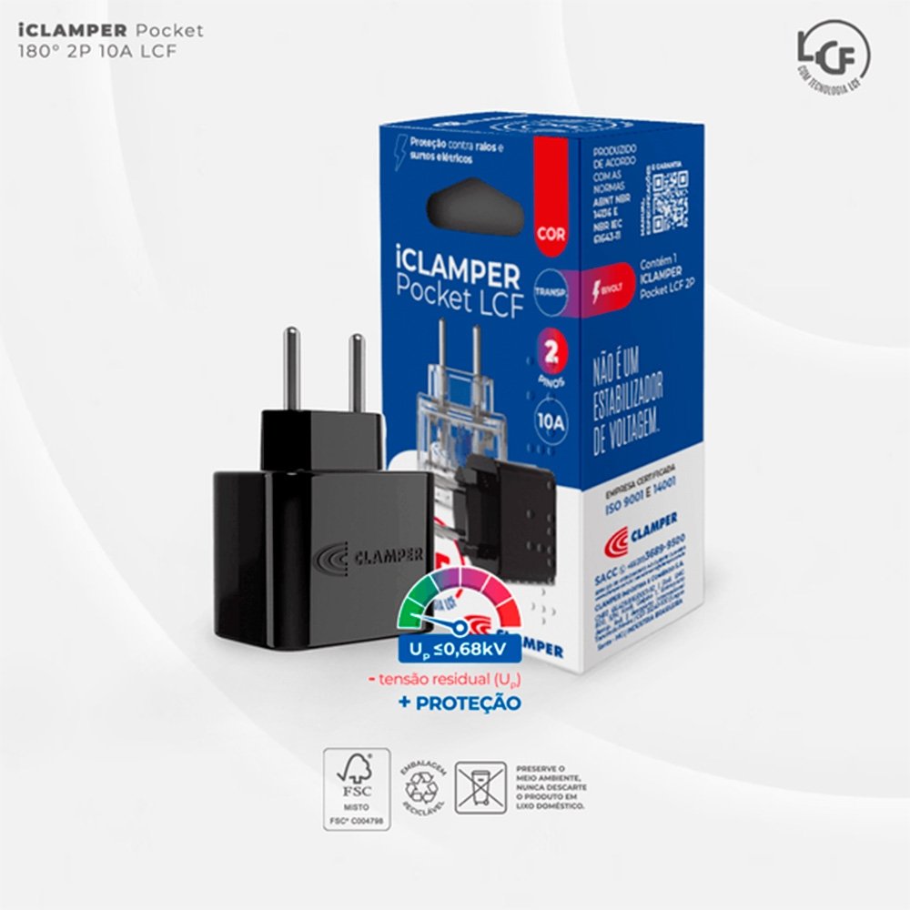 Protetor Contra Surtos Elétricos (DPS), 127/220V, 10 Amperes, 1 Tomada, 2 pinos, iCLAMPER Pocket LCF, 2P 10A, Preto - ( Balão.info - foto 5