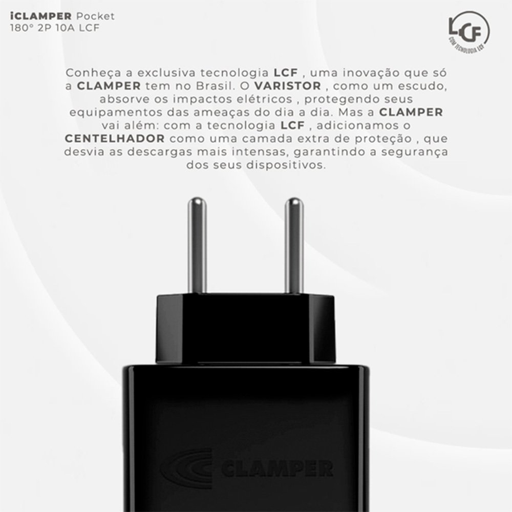 Protetor Contra Surtos Elétricos (DPS), 127/220V, 10 Amperes, 1 Tomada, 2 pinos, iCLAMPER Pocket LCF, 2P 10A, Preto - ( Balão.info - foto 2