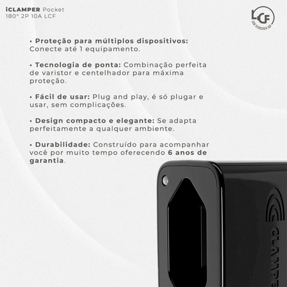 Protetor Contra Surtos Elétricos (DPS), 127/220V, 10 Amperes, 1 Tomada, 2 pinos, iCLAMPER Pocket LCF, 2P 10A, Preto - ( Balão.info - foto 4