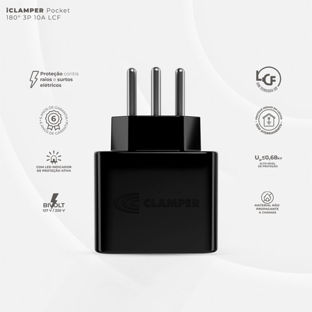 Protetor Contra Surtos Elétricos (DPS), 127/220V, 10 Amperes, 1 Tomada, 3 pinos, iCLAMPER Pocket LCF, 3P 10A, Preto - 28506 Protetor Contra Surtos Elétricos (DPS), 127/220V, 10 Amperes, 1 Tomada, 3 pinos, iCLAMPER Pocket LCF, 3P 10A, Preto - 28506